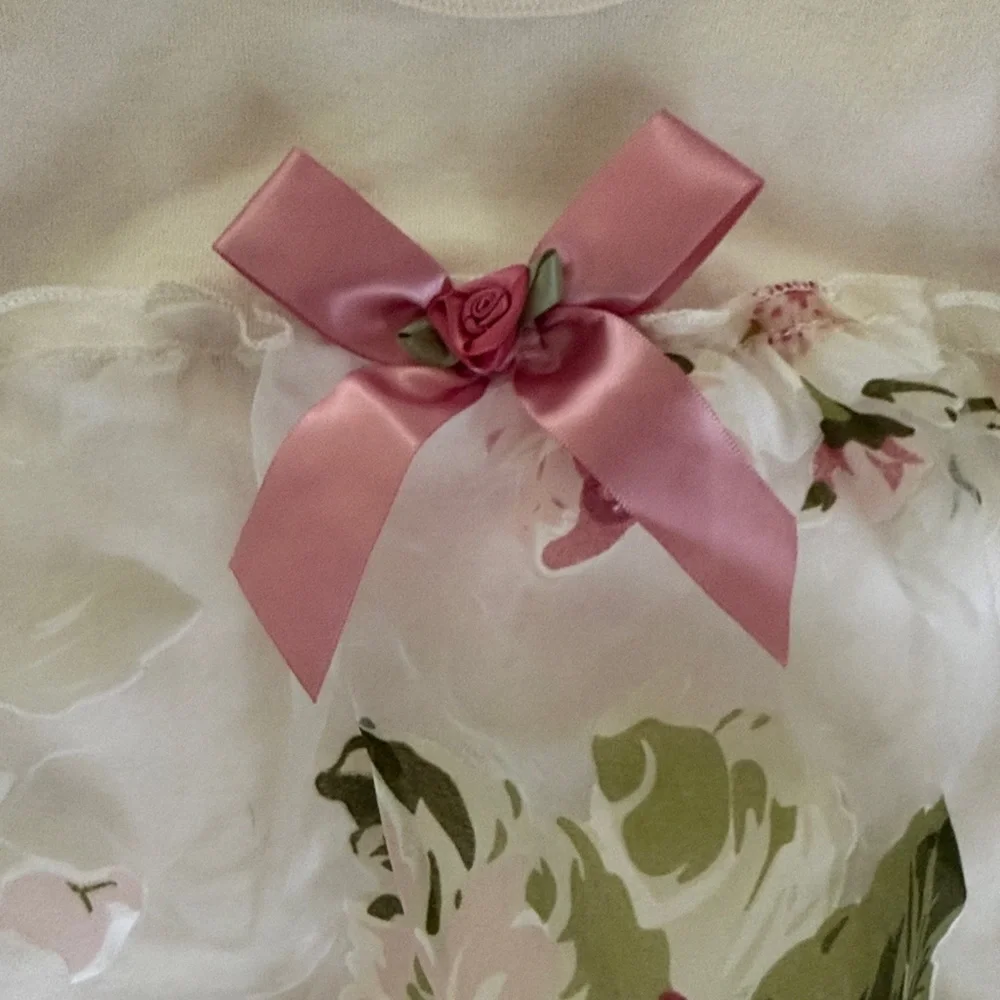 Tesa Babe Floral Romper 6-12M Ivory Pink Bow Sheer Ruffle